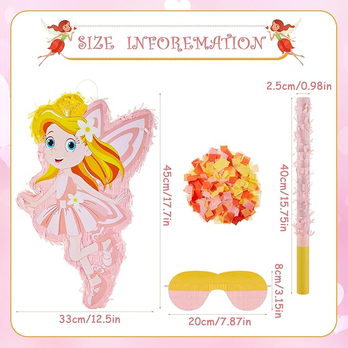 Lewtemi 4 Pcs Fairy Princess Piñata Set 15.7 x 12.5 x 3" Pink Piñata with Stick Blindfold Colorful Confetti, Small Piñata for Girl Princess Theme Birthday Party Supplies, Baby Shower, Kid Piñata Party