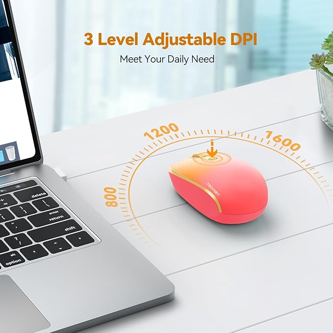 TECKNET Wireless Mouse, 2.4G Quiet Computer Mouse with USB Receiver, 4 Buttons Portable Cordless Mice for Chromebook, Laptop, PC, Mac, 800/1200/1600 DPI - Red-Pink Gradient