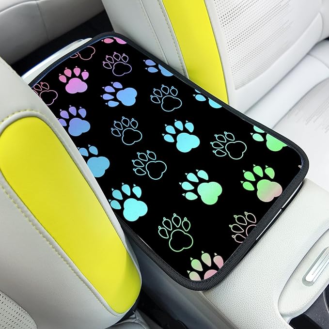 Auto Center Console Cover, Car Armrest Box Pad,Black Dog Paw Print Soft Waterproof Auto Armrest Seat Box Cover Protector for Most Vehicle SUV Truck Car