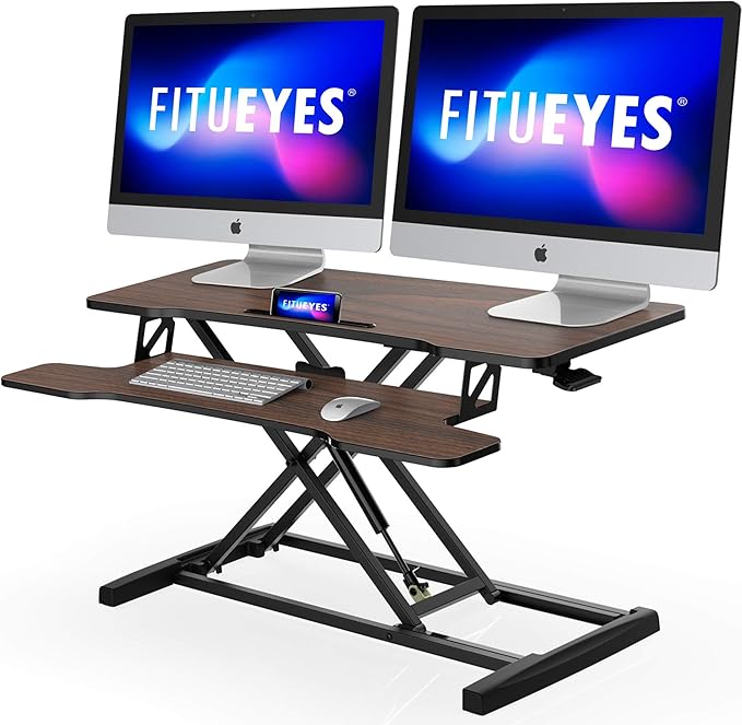 FITUEYES Height Adjustable Standing Desk 36” Wide Sit to Stand Converter Stand Up Desk Tabletop Workstation for Dual Monitor Riser FSD309102WE