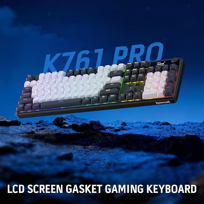 Redragon K761 Wireless Gasket Gaming Keyboard w/Hype Screen & Knob, 104 Keys Mechanical Keyboard, Easy-Control 1.26’ TFT Info Display, 5-Layer Noise Dampening, Custom Linear Switch, Abyssal Blue