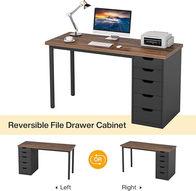 Tribesigns Computer Desk with 5 Drawers, 47 inches Rustic Brown Home Office Desk with Storage, Modern Simple Laptop Desk Study Writing Table for Small Spaces (1, Brown+Black)