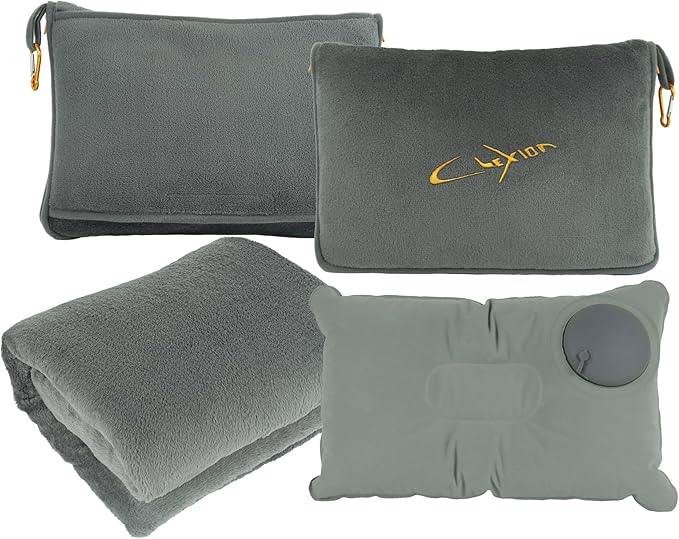 CLEXION Travel Blanket & Pillow Set, 300 GSM Soft Fleece, 60x43 Inches, 3-in-1 Airplane Blanket, Travel Pillow and Blanket Set, Travel Blanket Airplane Compact with Bag, Travel Essentials, Grey