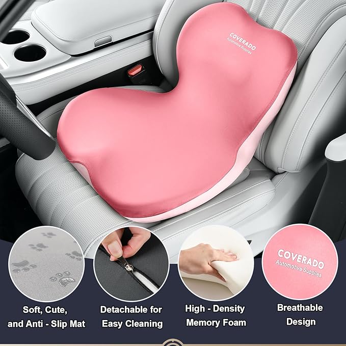 Coverado Car Seat Cushion and Lumbar Support Pillow One Piece, Memory Foam Ergonomic Back Support Driving Seat Cushion for Back Pain, Non-Slip Washable Cushion for Car, Driver, Office