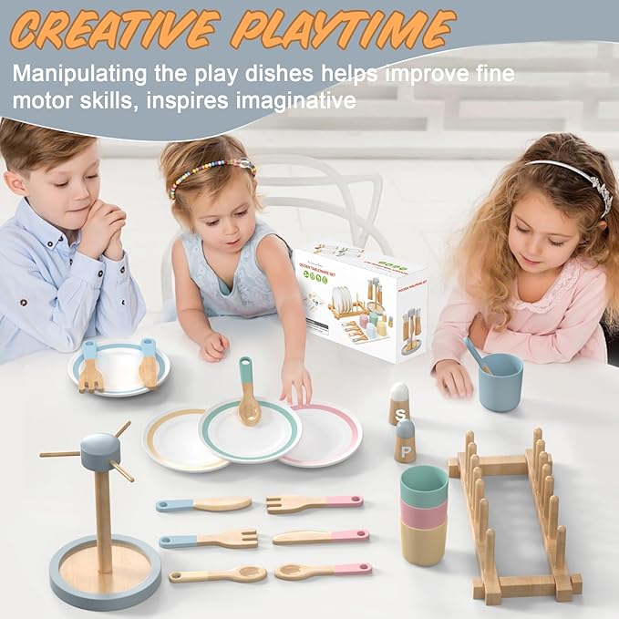 IIFONII 33PCS Kids Kitchen playset Wooden Kitchen Set for Girls and Boys, Montessori Toys for 1-6 Year Old Toy Dishes Baby Kitchen Set, Pretend Wooden Play Kitchen Accessories Toys for Toddlers