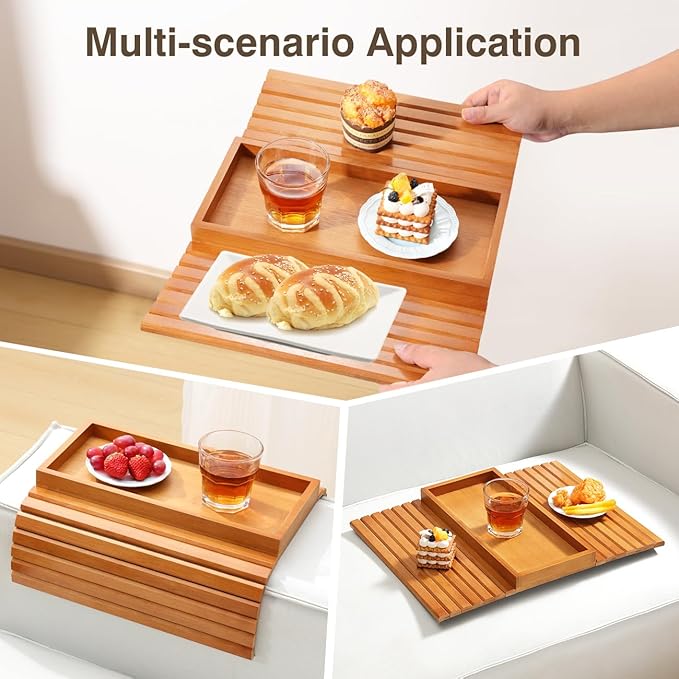 Couch Arm Tray, Bamboo Sofa Tray Table for Couch, Sofa Armrest Table, Anti-Slip Armrest Organizer, Foldable Couch Cup Holder for Snacks, Phone, Control, Cups, Light Brown