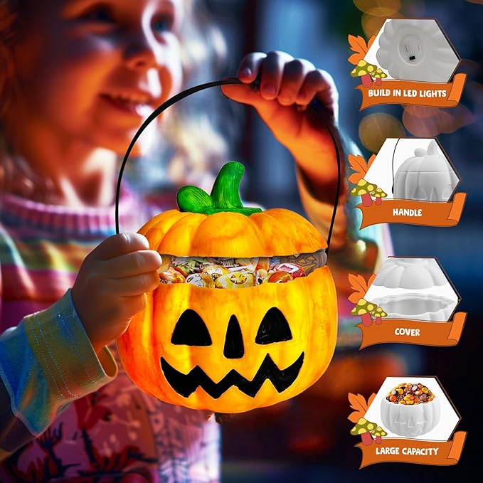 FUNZBO Paint Your Own Lamp Kit, Arts and Crafts Supplies Painting Kits for Kids Teens Adults, 5.7x4.7in Pumpkin Candy Bucket, DIY Night Light Toys Christmas Holiday Gift for Toddlers Girls Boys Age 3+