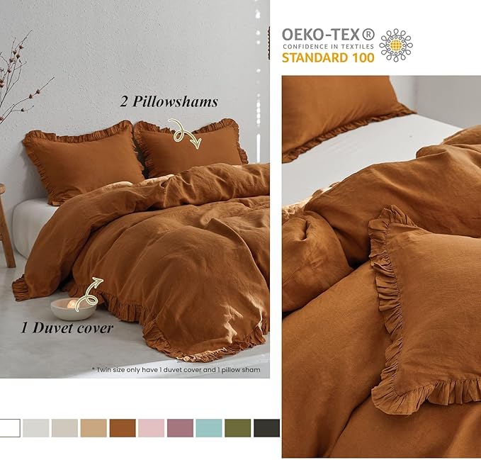Simple&Opulence 100% Linen Duvet Cover Set, 3 PCS Natural French Flax Rust Ruffle Duvet Cover Queen Size, Breathable Comfy Linen Bedding Comforter Cover with 2 Pillowcases (Rust, 88" X 92")