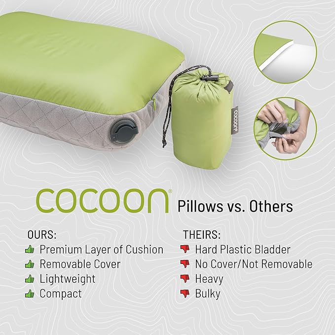 COCOON- Premium - Ultralight Inflatable AirCore Shaped Pillow - Washable Travel Air Pillows for Camping, Hiking, Backpacking (Regular 11" x 15")