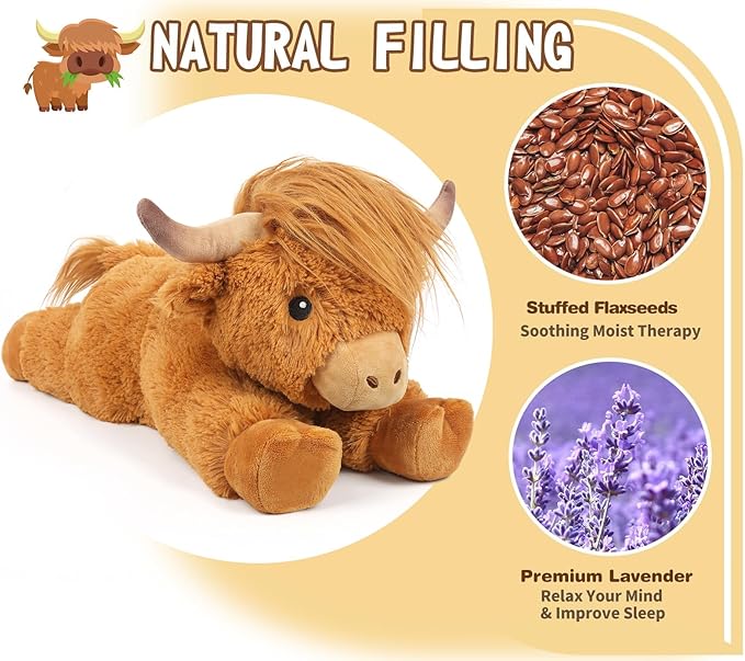 Cuckool Highland Cow Stuffed Animals, Microwavable Stuffed Animal Adorable Fluffy Highland Cow Plush for Warmth, Heatable Coolable Lavender Scent Toy, Cute Soft Plushie Gift for Kids Boy Girl & Adults