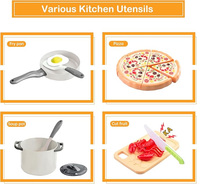 80Pcs Kitchen Playset, Toddler Pretend Cooking with Pots, Pans, Cookware, Food, Picnic Blanket, Fruits, Veges, Shopping Storage Basket, Dessert, Learning Gift for Girls Boys (White)