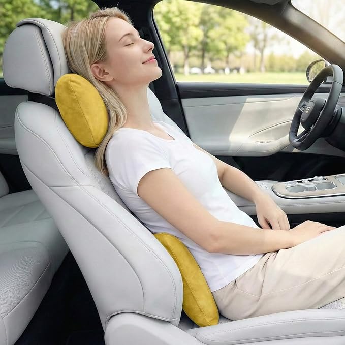 WELBRIT 2PCS Car Pillow for Car Neck Pillow for Driving Seat Lumbar Support Soft Cushion with Extra Filling Accessories Back Support for Travel Nap and Trips Sleeping (Golden, Head and Lumbar)