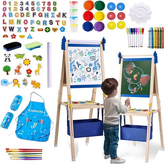 2-in-1 Double Sided Kid's Easel, Height-Adjustable Art Easel for Boys and Girls Ages 3-10, Including 100+ Accessories with Magnetic Chalkboard & Painting Board, Toddler Gifts