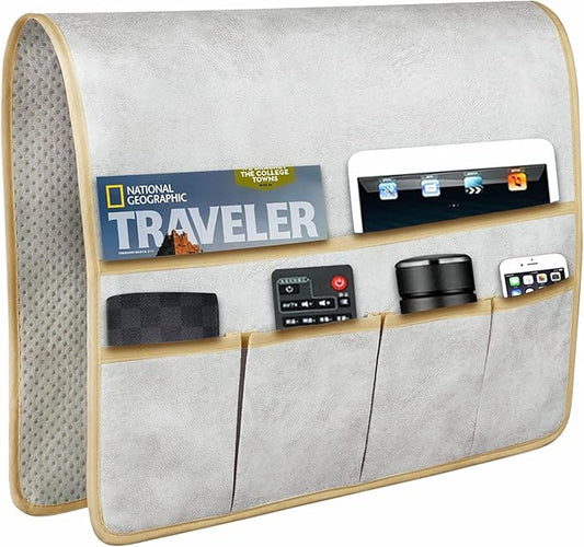 HAOMAIJIA Anti Slip Sofa Armrest Organizer Arm Chair Bedside Caddy Storage Organizer For Recliner Couch With 6 Pockets For Cell Phone Tv Remote Control Magazines (light grey)