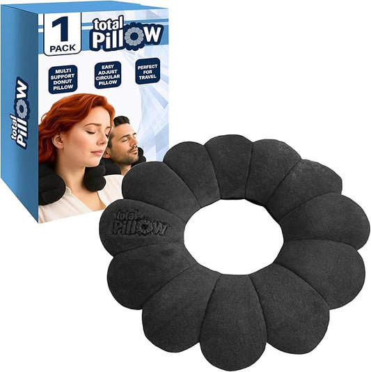Total Pillow Donut Pillow for Airplane & Travel, Sleeping Neck Pillow, Microbead Comfortable Pillow for Neck, Head, Back, Lumbar & Pelvic Support, Twists to Many Positions - Black