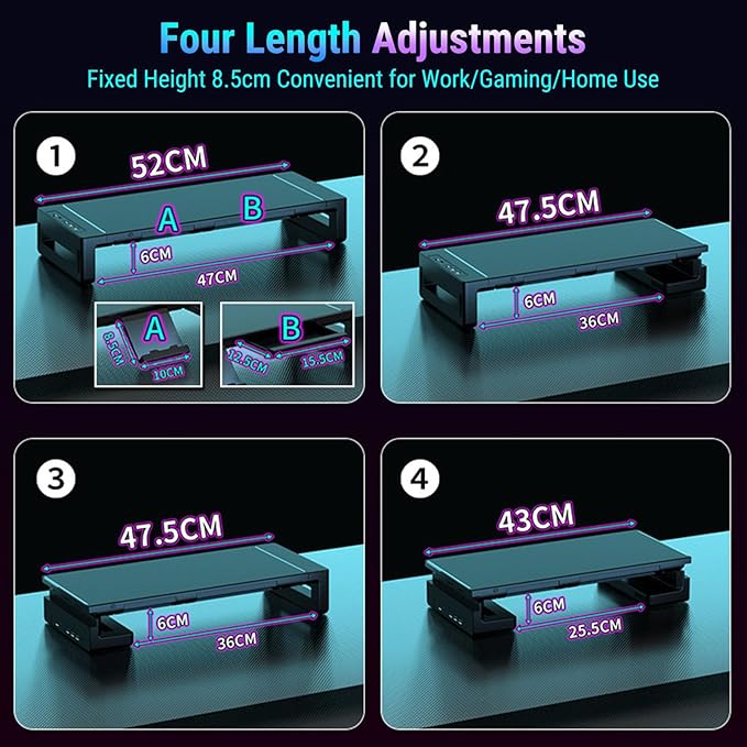 Yunseity Monitor Stand with 4 USB Ports, Height Adjustable Monitor Riser with Phone Charger, USB Ports Hub and Drawer Storage, RGB Lighting Desktop Organizer for Laptop TV Speaker