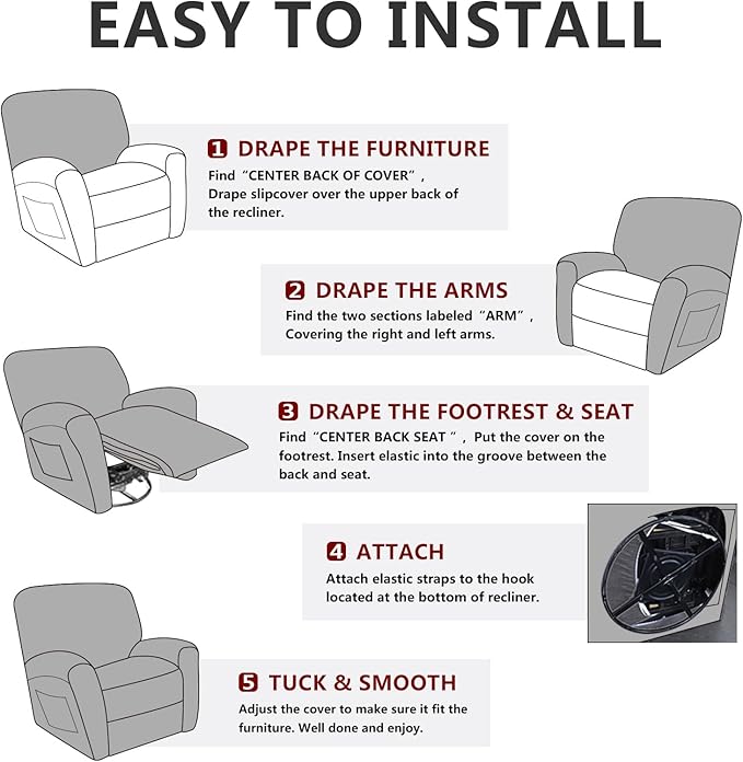 Leather Like Recliner Chair Covers Heavy Duty, 4 Pieces Lazy Boy Recliner Cover for Recliner Chair, Leather Cover for Recliner slipcovers Washable for Pets (Black Chocolate)