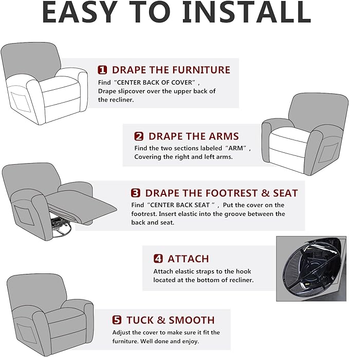 Leather Like Recliner Chair Covers Heavy Duty, 4 Pieces Lazy Boy Recliner Cover for Recliner Chair, Leather Cover for Recliner slipcovers Washable for Pets (Light Grey 2)