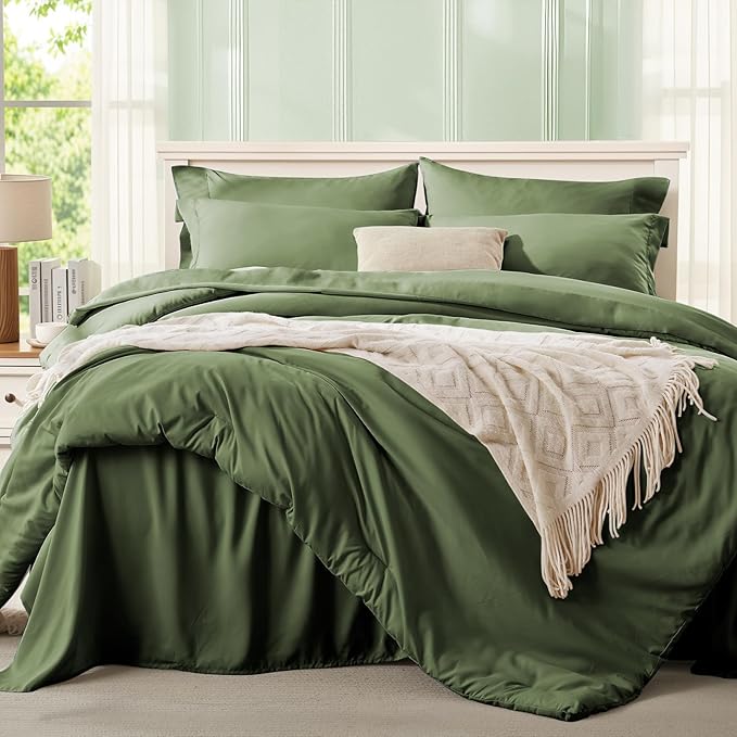 Anluoer Olive Green California King Comforter Set 7 Pieces, Bed in a Bag with Sheets, All Season Bedding Sets with 1 Comforter, 2 Pillow Shams, 2 Pillowcases, 1 Flat Sheet, 1 Fitted Sheet