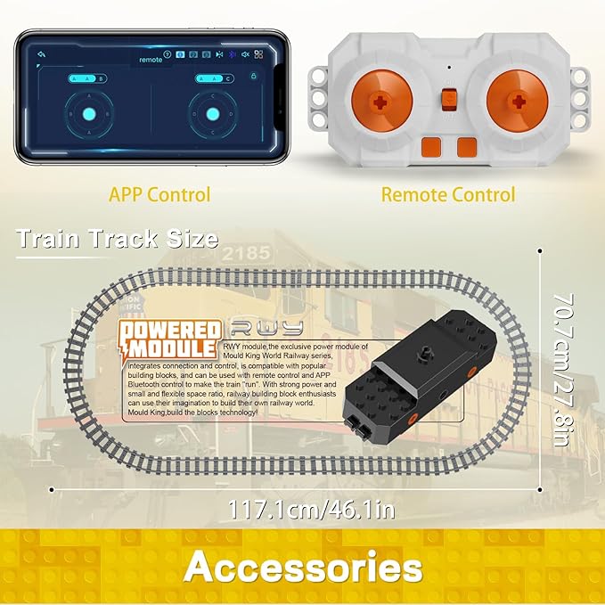 Mould King 12027 Diesel Locomotive Train Building Sets with a Semi-Trailers, Cranes, Remote/App Control Engineering Toy Kit, SD40-2 Scale Model with Tracks for Adults Kids (1170 Pieces)