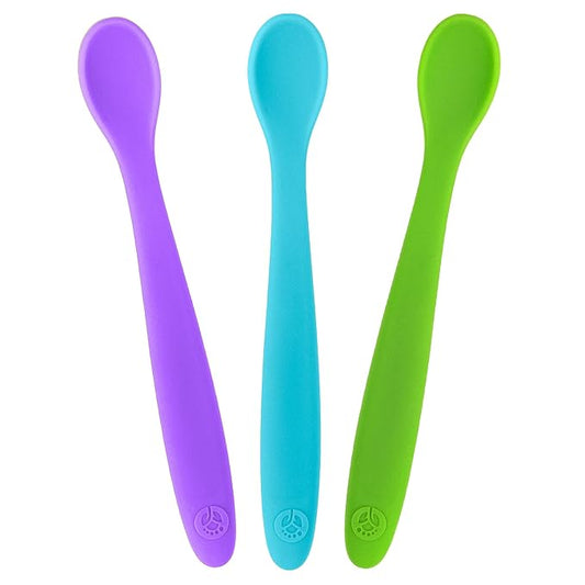WeeSprout Silicone Baby Spoons - First Stage Infant Feeding Utensils With Soft-Tip, Bendable Kitchenware for Parent & Self-Feeding, Ultra-Durable, Dishwasher Safe, Travel Case, Set of 3