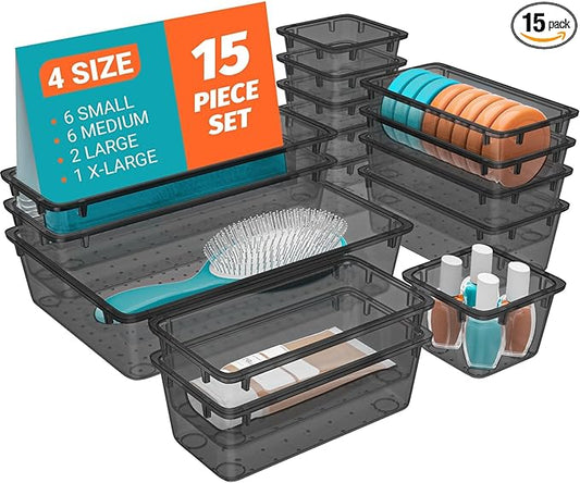 15 PCS Clear Plastic Drawer Organizer Set, 4-Size Acrylic Drawer Storage Trays, Storage Bins for Makeup, Gadgets, and Jewelry in Bathroom, Bedroom and Office, Clear Black
