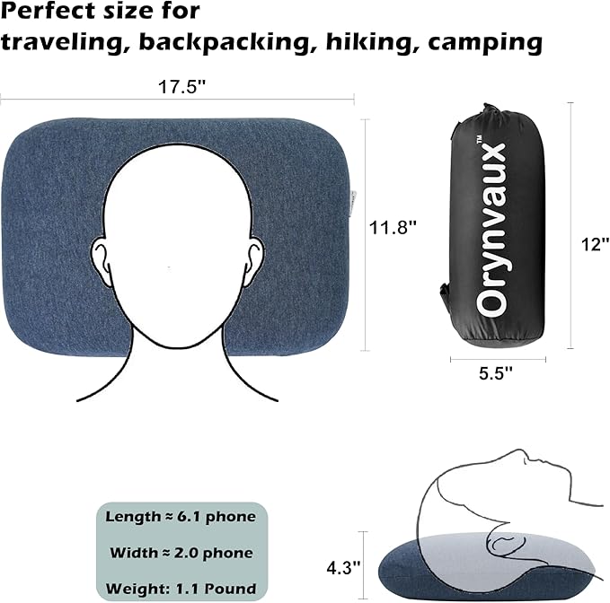 Orynvaux Memory Foam Camping Pillow - Lightweight & Portable Small Travel Pillow for Airplane & Train Travel, Camping, Backpacking, Removable Washable Cover, Easy to Clean, Includes Storage Bag