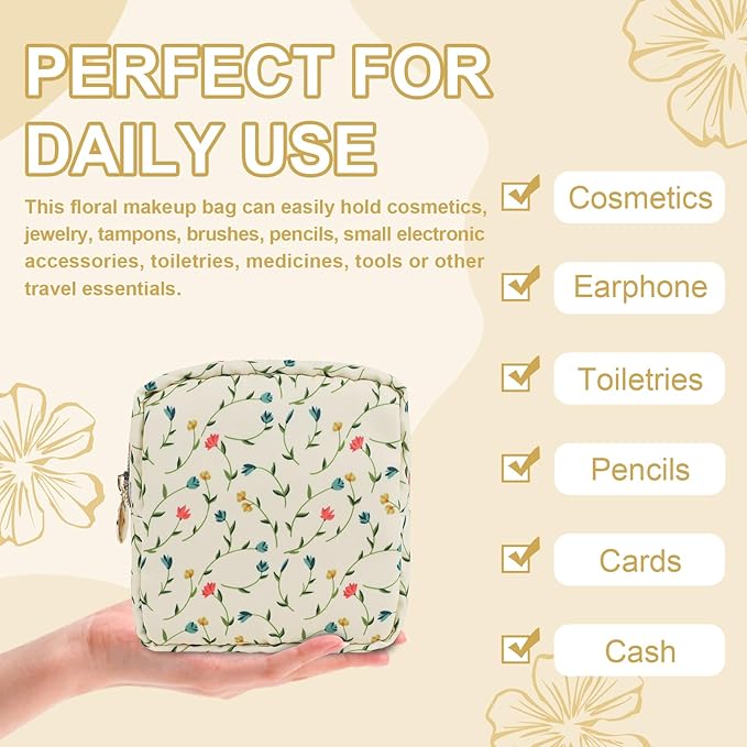 UIXIZQ Waterproof Mini Floral Makeup Bag Pouch for Purse,Nylon Flower Cosmetic Bag Small Preppy Toiletry Organizers Bag for Women Girl,Cute Zipper Pouch Coin Purse for Work(Mini Light Yellow-Flowers)