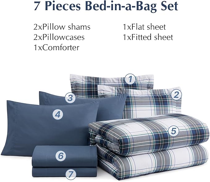 MaiRêve Queen Size Plaid Comforter Set Blue White, Classic 7 Pieces Farmhouse Bedding Set, All Season Lightweight Bed in A Bag with Sheets, Pillowcases & Shams