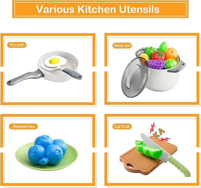 35Pcs Kids Kitchen Toy Accessories, Toddler Pretend Cooking Playset with Play Pots and Pans, Utensils Cookware Toys, Play Food Set, Toy Vegetables, Learning Gift for Girls Boys (White)