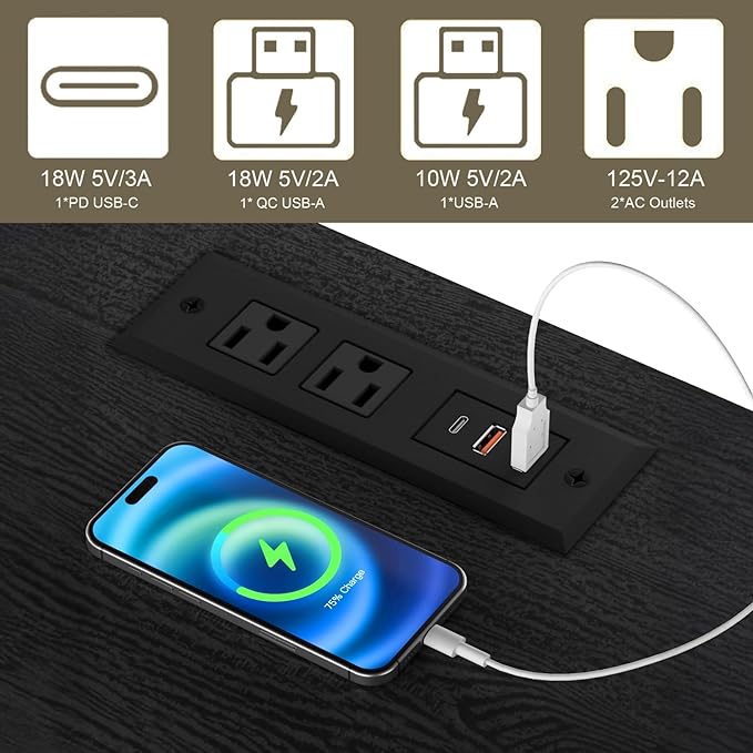 End Table with Fast USB C Charging Station,18" Wide Sofa Side Table with 2 Drawers, Large Storage Rustic Wood Square Storage Cabinet for Living Room, Bedroom, Office, Black