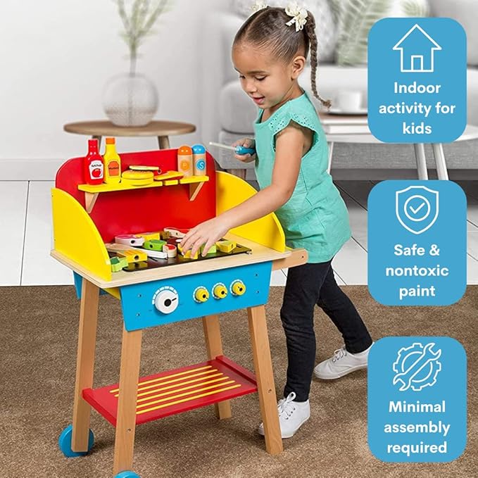 Cook 'N Grill Wood Toy BBQ Set- Pretend Play Wooden Barbeque Food & Grilling Tools for Kids, 30+ Pieces Feat Spatula, Burger & More, Fun Indoor Activity Playset, Daycare, Playroom Centers or Gift