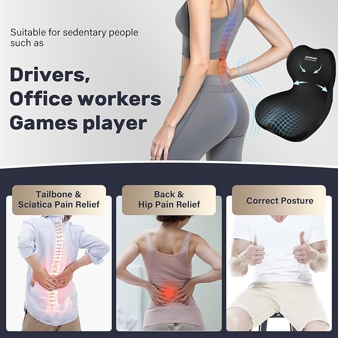 Coverado Car Seat Cushion and Lumbar Support Pillow One Piece, Memory Foam Ergonomic Back Support Driving Seat Cushion for Back Pain, Non-Slip Washable Cushion for Car, Driver, Office