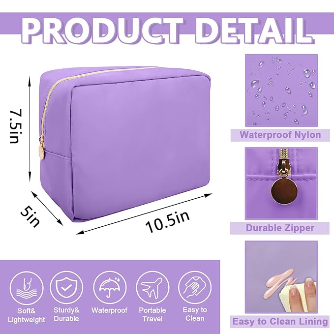 UIXIZQ Large Makeup Bag Pouch,Nylon Women Travel Toiletry Storage Bag Preppy Cosmetic Bag for Girls,Big Makeup Organizer Bag Cute Zipper Pouch Skincare Bag for Sport Work Gift(Large-Purple)