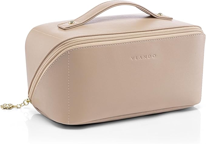 Vlando Makeup Bag,Large Capacity Travel Toiletry Bag,Cosmetic Bags for Women PU Leather Waterproof Portable Pouch with Divider & Handle-Toffee