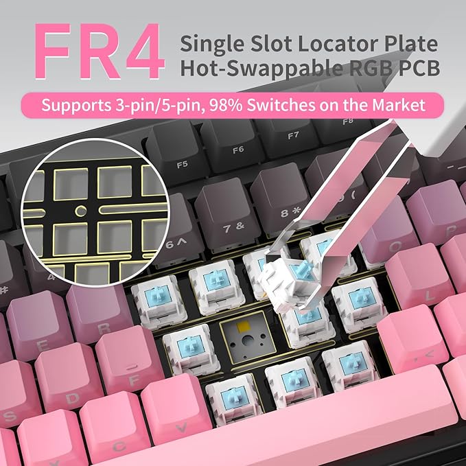 NACODEX Ajazz AK980 Pink Gaming Machanical Keyboard Gift Switch Full Size RGB Gasket Mount Triple Modes Custom Keyboard with Five Layer Pad | Knob Control