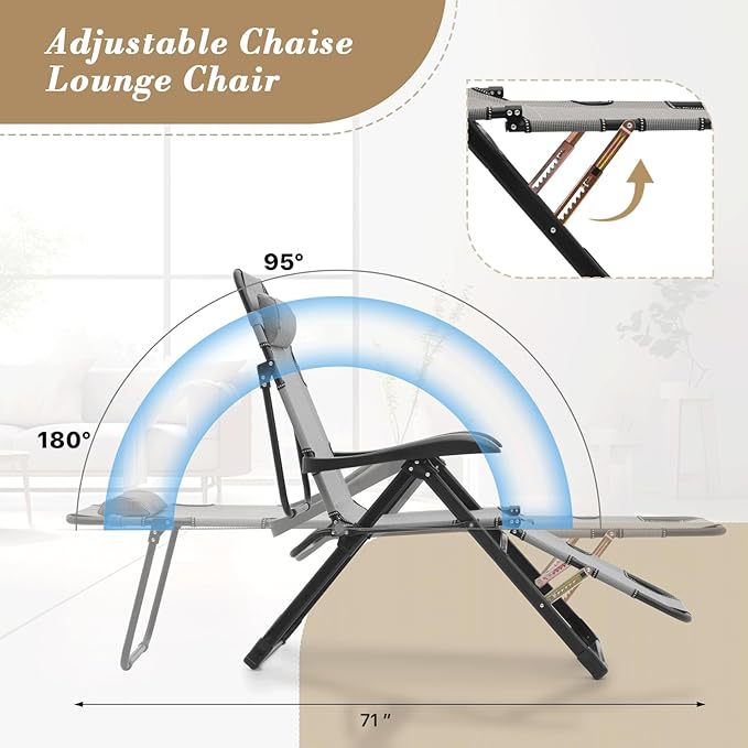 Athena Collection Zero Gravity Outdoor Lounge Chair Recliner Set of 2, 27" Width Reclining Pool Lounge Lawn Chairs with Headrest, Outdoor Chaise for Beach Patio Backyard Outside, Grey