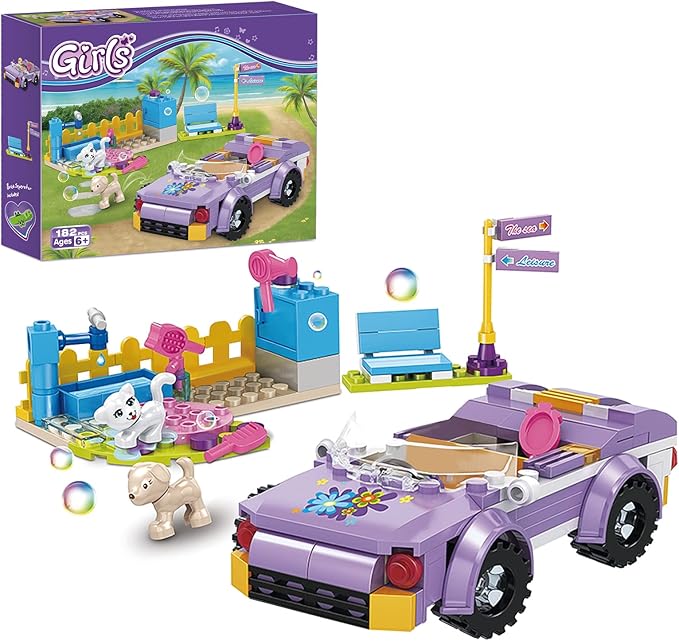 BRICK STORY Girls Friends Convertible Car Building Sets with Pet Bathing Pool Role Play Building Toys Creative Gift for Kids Aged 6-12 (182 PCS)