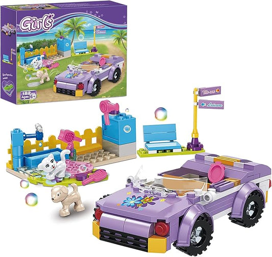 BRICK STORY Girls Friends Convertible Car Building Sets with Pet Bathing Pool Role Play Building Toys Creative Gift for Kids Aged 6-12 (182 PCS)