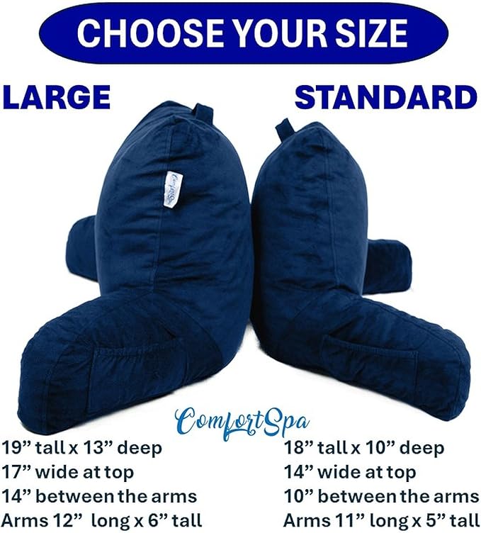 ComfortSpa Reading Pillow for Kids Teens Adult, Back Rest Pillow with Arms, Pockets, Washable Cover; Use as Back Pillow for Bed Sitting Up for Bedrest, Relief from GERD Heartburn (Standard Blue)