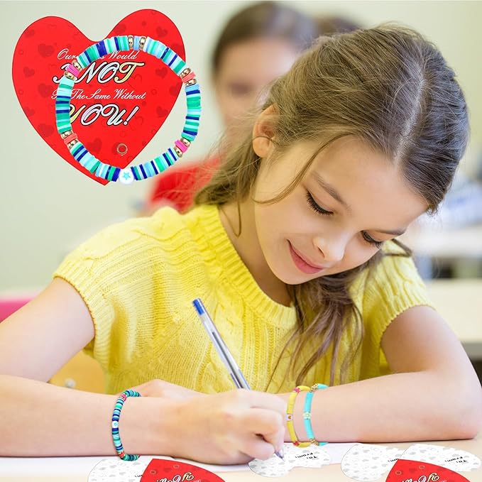 32 Sets Valentines Bracelets with Cards Student Valentines Favors from Teacher Our Class Would Knot Be the Same Without You Adjustable Stretch Beaded Friendship Bracelet Classroom Gifts