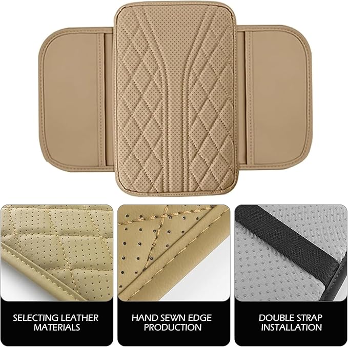 Bawkars Car Center Console Cover, Leather Vehicle Armrest Protector Cushion with 2 Side Storage Bags, Auto Breathable Middle Interior Accessories, Universal for SUV, Sedan, Truck (Beige)
