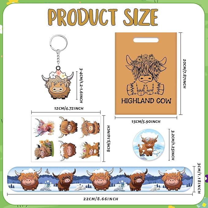 Highland Cow Party Favors Highland Cow Theme Slap Bracelets Key Chains Badges Temporary Tattoo Stickers Gift Bags for Kids Highland Cattle Farm Animal Birthday Party Supplies Baby Shower