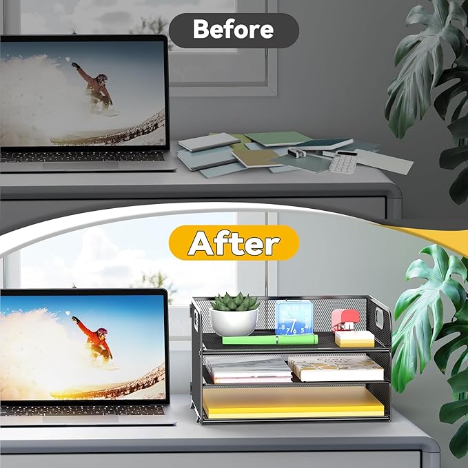 MINDEPOT 3-Tier Paper Letter Organizer Tray with Handle, Mesh Desk File Organizer for Office, Home, School - 2 Pack, Black