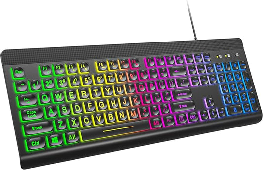 Large Print Backlit Keyboard, Multiple Color Rainbow LED Backlit Large Size USB Wired Computer Keyboard, Full Size Multimedia Keyboard for Windows Desktop, Laptop, PC