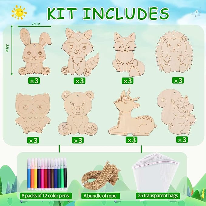 24 Pcs Safari Party Favors, Animal Party Favors, Unfinished Wooden Painting Crafts for Kid, Sunday School Craft for Kid, Painting Craft Activities Kit, New Year's Gift, Valentine's Day, Easter Gift