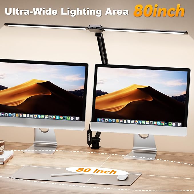 LED Desk Lamp for Office Home, 31.5" Architect Desk Light with Clamp Dual Screen Computer Monitor, 15W 5 Color X 10 Brightness Levels Desk Lamp for Reading, Study, 1000LM Bright, Memory Function