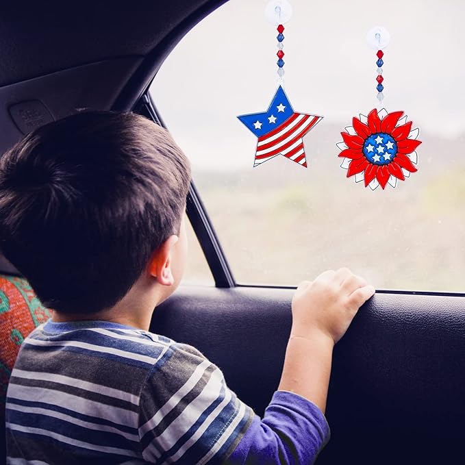24 Sets Patriotic Suncatcher Ornaments Decoration DIY Window Paint Art Stickers Craft Kit American Heart Star Butterfly Suncatchers for Kids Classroom Patriotic 4th of July Activity Party Art Project