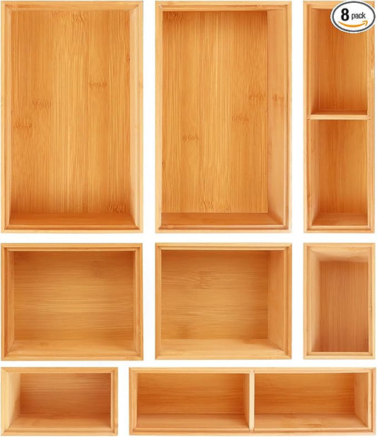 Bamboo Drawer Organizer Set, 8 PCS Multi-Use Wood Drawer Storage Boxes, Junk Drawer Organizer Divider Bins for Kitchen, Bathroom, Office Desk, Makeup, Jewelry, Utensils