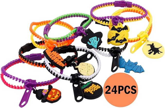 BOXOB Halloween Slap Bracelets, Colorful Halloween Bracelets Friendship Fidget Zipper Bracelet Halloween Party Favors for Birthday Goodie Bags Easter Egg & Pinata Fillers 24 Pack